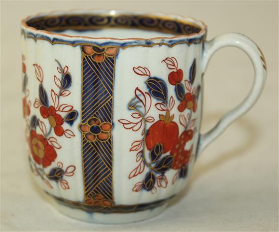 Two Worcester polychrome coffee cups and saucers, c.1775, cup height 7.5cm